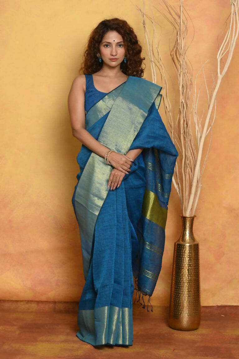 Very Much Indian Handloom Pure Cotton Linen Saree With Golden Border - Serene Blue | Grocsy