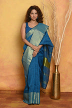 Very Much Indian Handloom Pure Cotton Linen Saree With Golden Border - Serene Blue | Grocsy