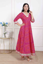 Miravan Women's Pink Cotton Bandhani Ethnic Anarkali Kurta | Grocsy