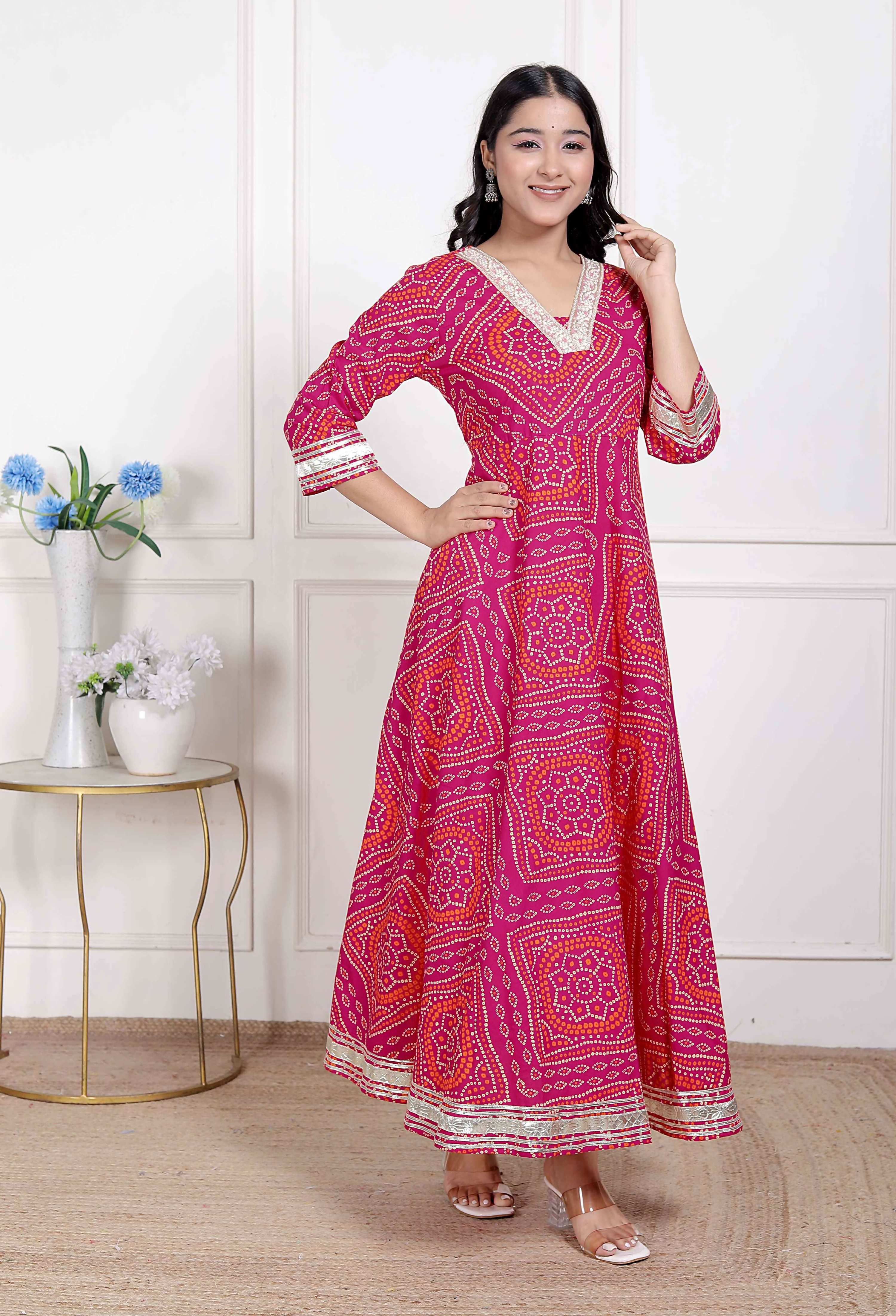 Miravan Women's Pink Cotton Bandhani Ethnic Anarkali Kurta | Grocsy
