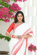 Beatitude White Cotton Zig Zag Border Handloom Saree | Grocsy