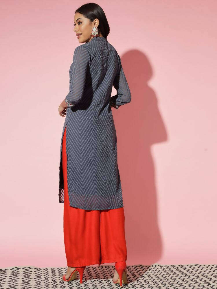 Myshka Women Grey Solid Georgette Straight V-Neck Kurtas | Grocsy