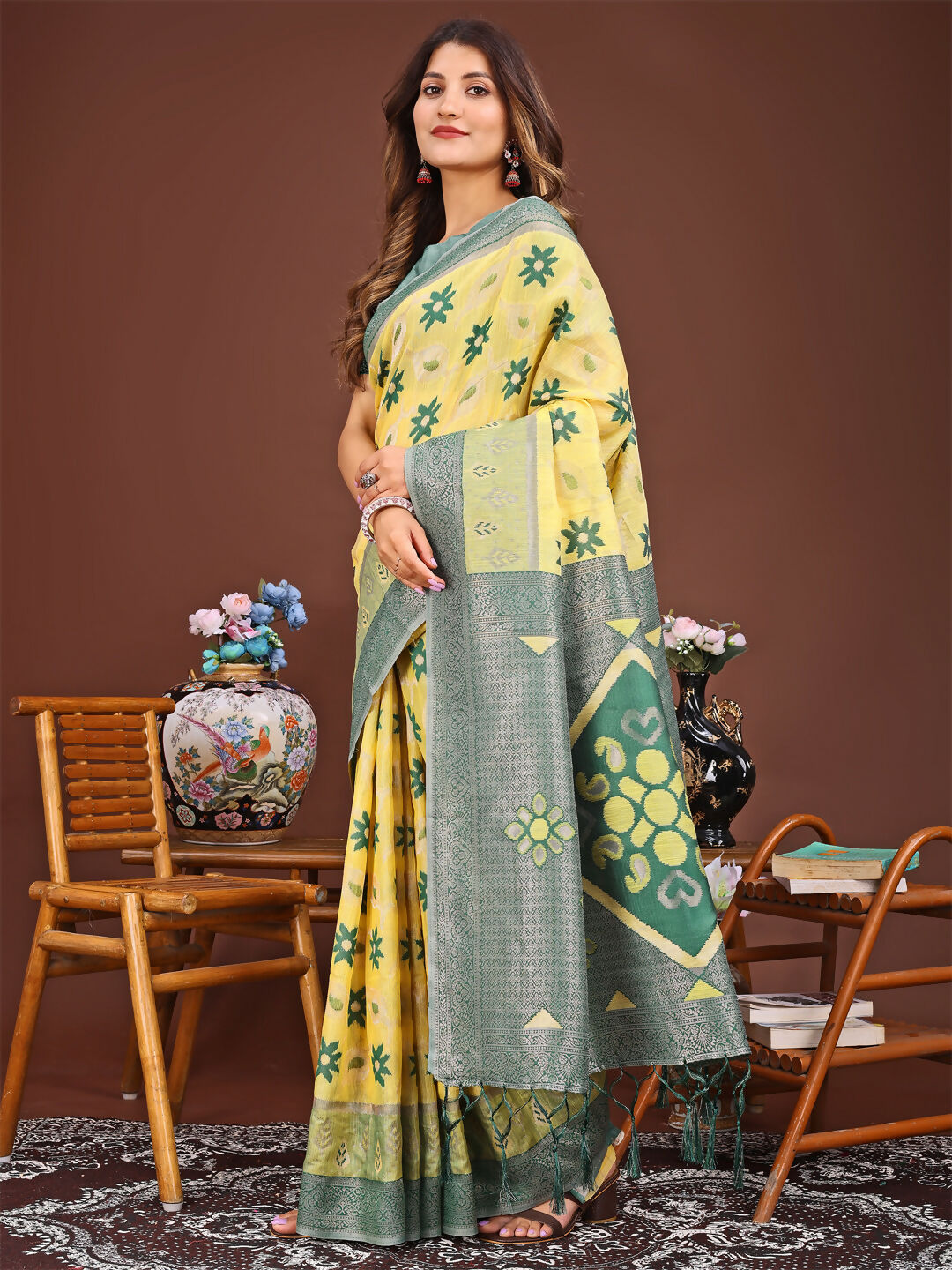 Shree Shyam Fashion Sajni Yellow Linen Cotton Saree | Grocsy