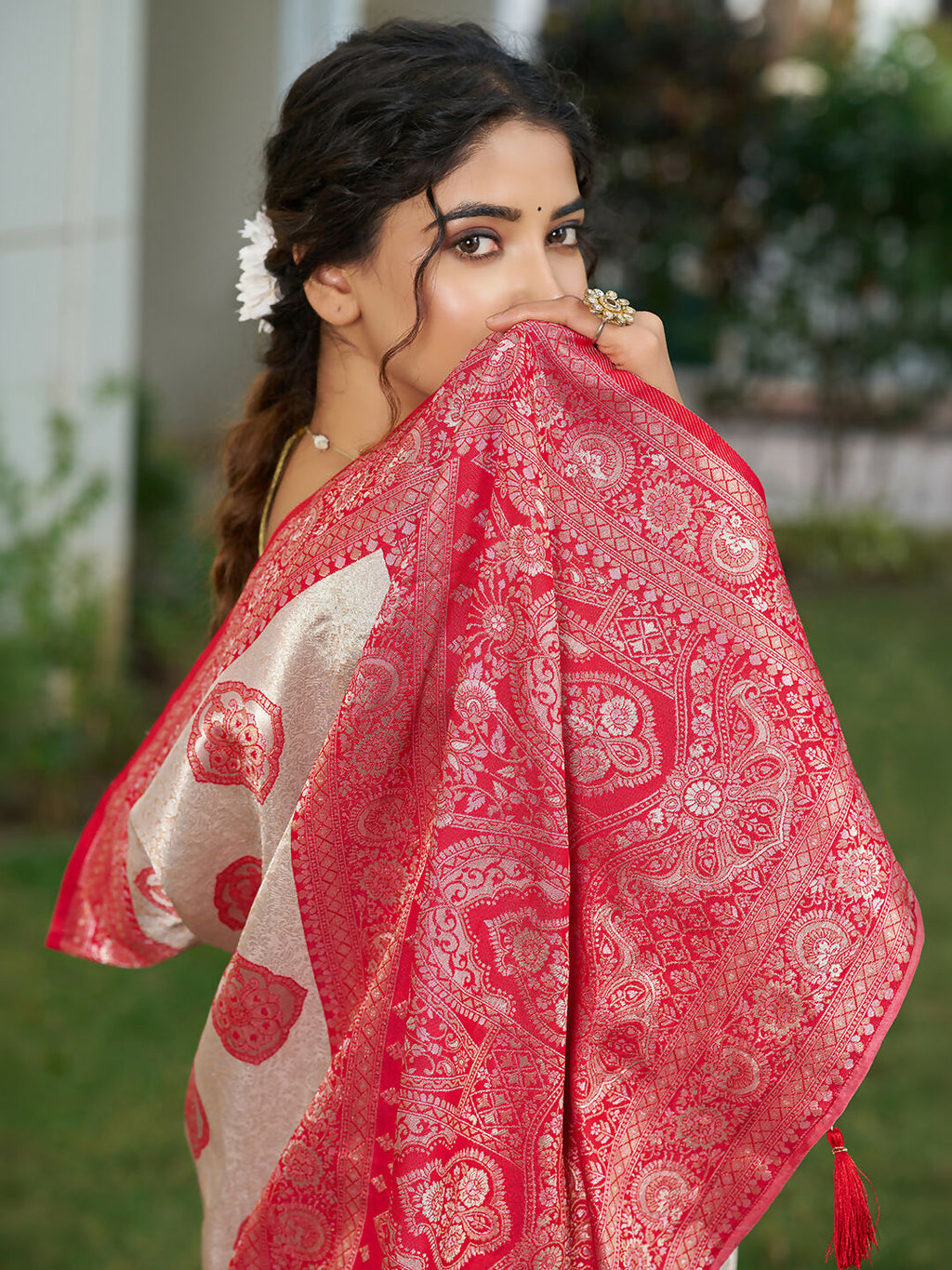 Shree Shyam Fashion Cream With Red Silk Blend Saree | Grocsy