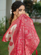 Shree Shyam Fashion Cream With Red Silk Blend Saree | Grocsy