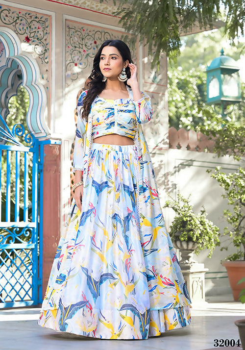 Wedding Partywear Offwhite Slim Georgette Lehenga Choli with Shrug- Shehnaaz | Grocsy