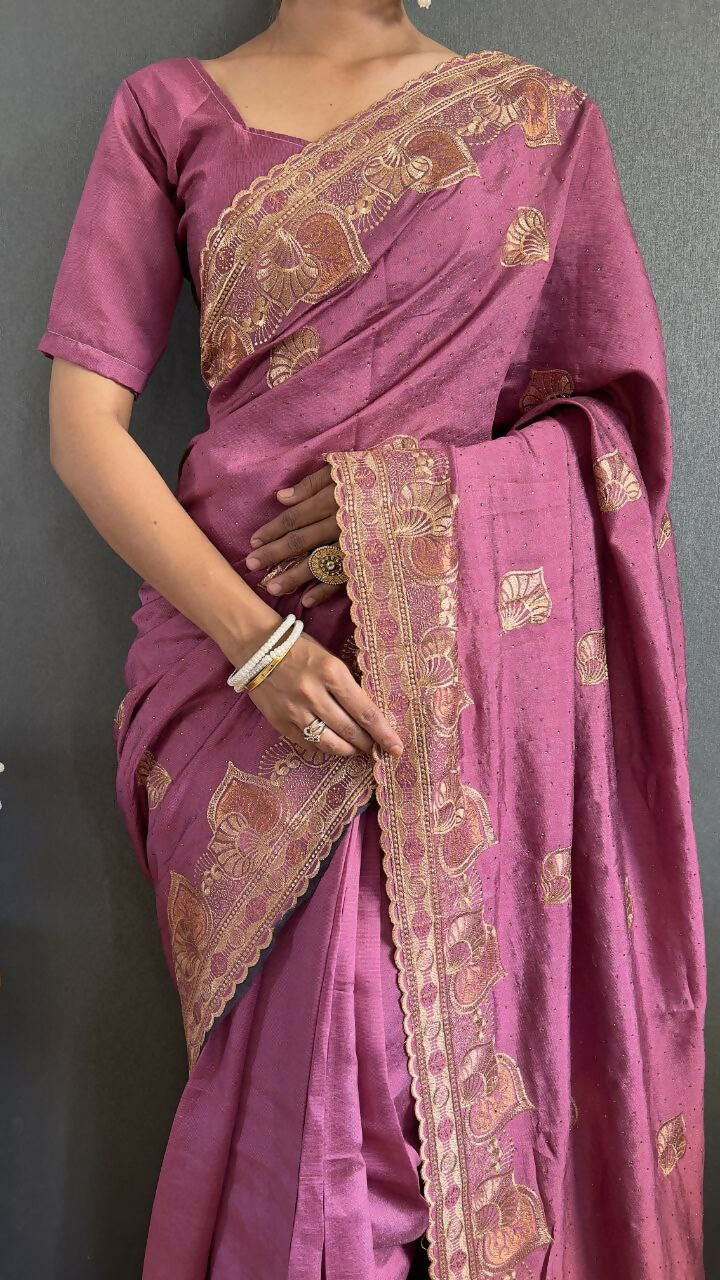 Vastranavya Mauve Vichitra Silk Zari with Swarovski Work Ready to Wear Saree | Grocsy