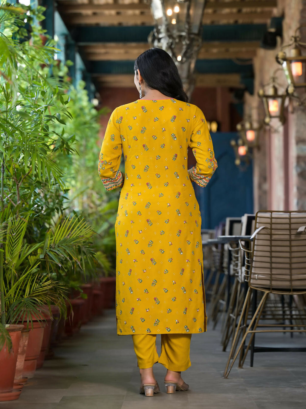 Juniper Women's Mustard Floral Printed Liva Rayon Kurta Pant And Dupatta Set With Sequins | Grocsy