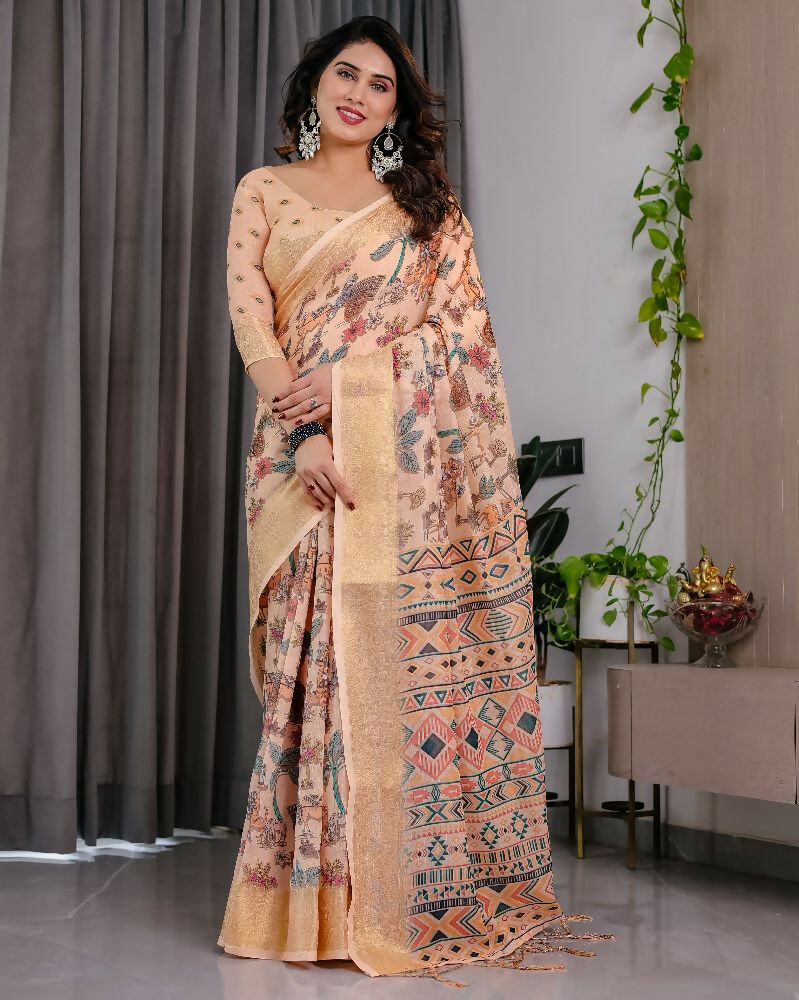 PR Fashion Cream Pure Handloom Linen Saree | Grocsy