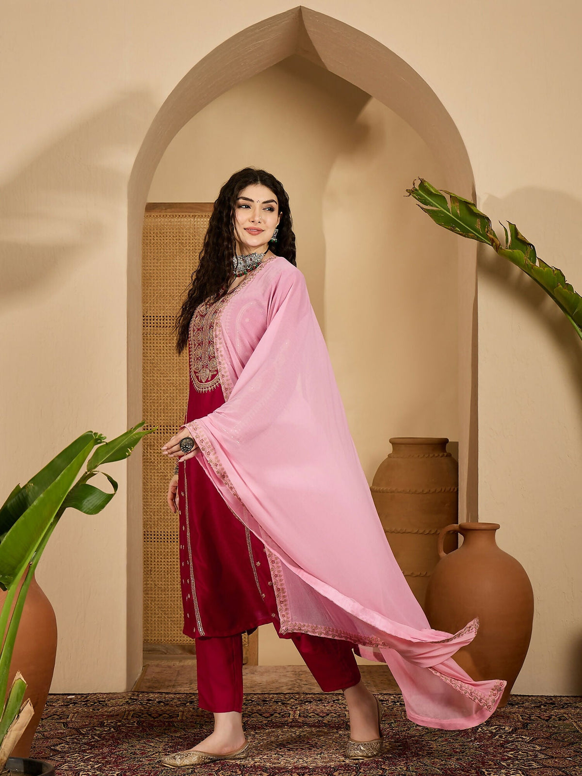 Joban Fashion Embroidery Red Vichitra Silk Kurta Set | Grocsy