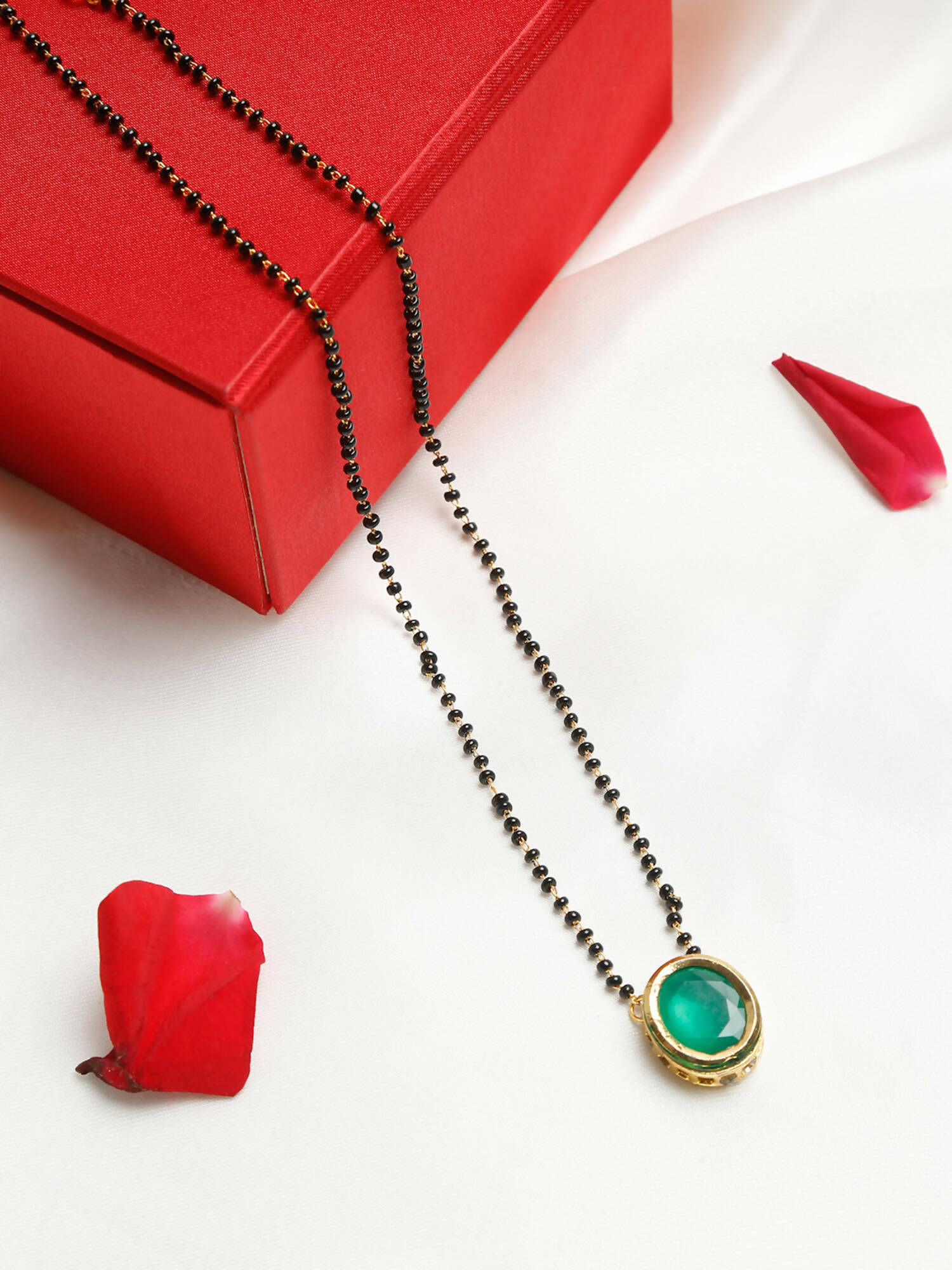 Gold-Polished Black Beaded Green Kundan Studded Handcrafted Mangalsutra - Ruby Raang | Grocsy