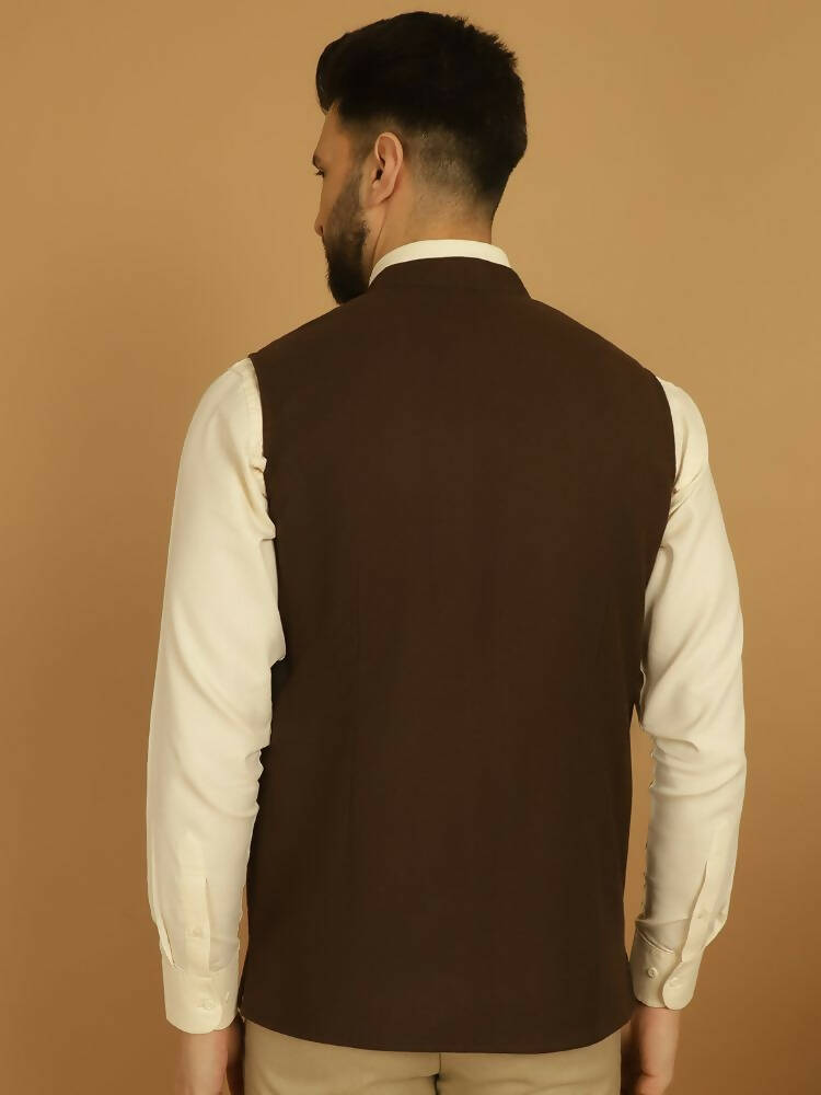Even Apparels Pure Wool Nehru Jacket - Brown | Grocsy