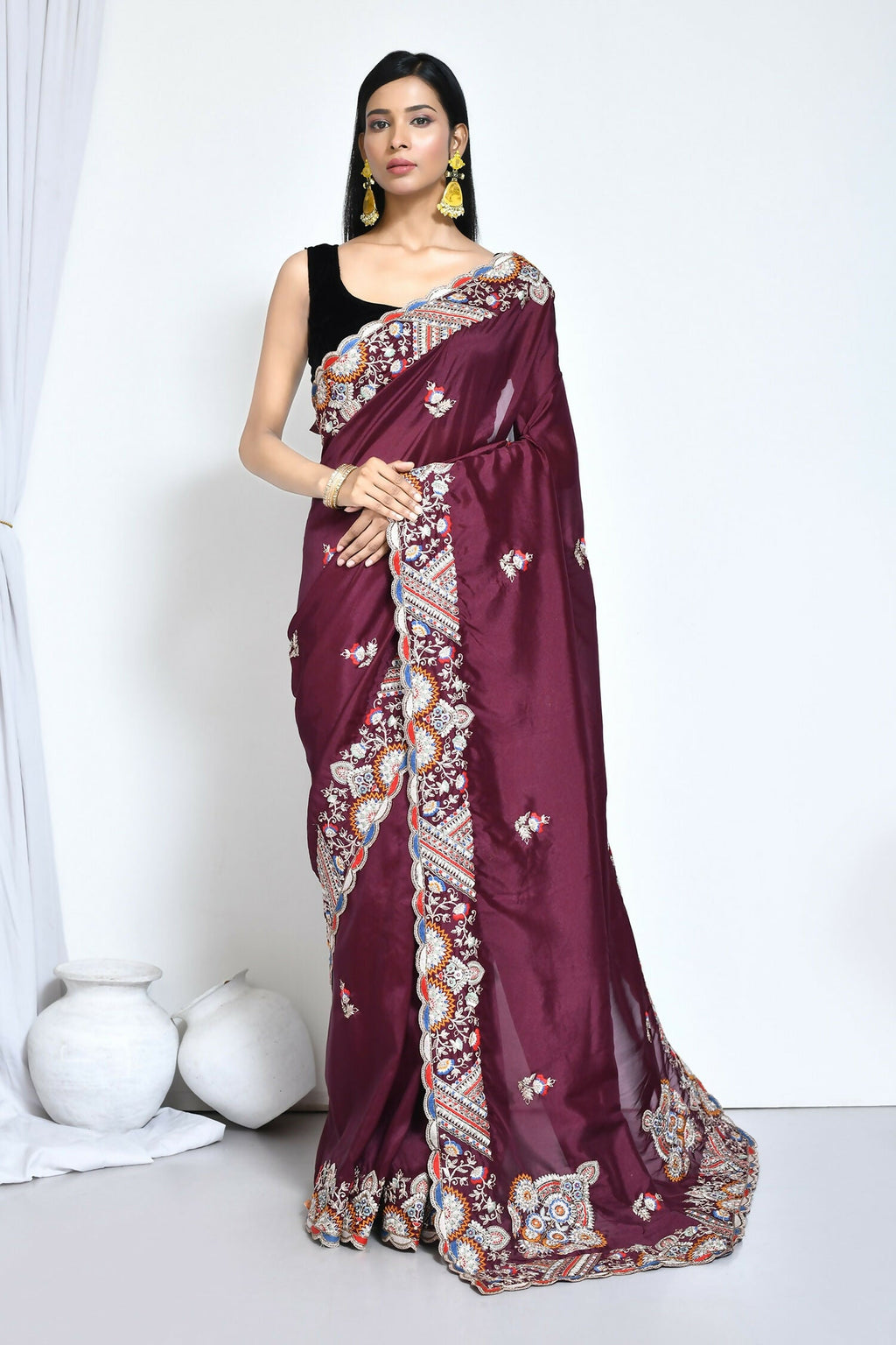 Purple Crepe Silk Sequence Embroidered Saree - Nimaya Benzy | Grocsy