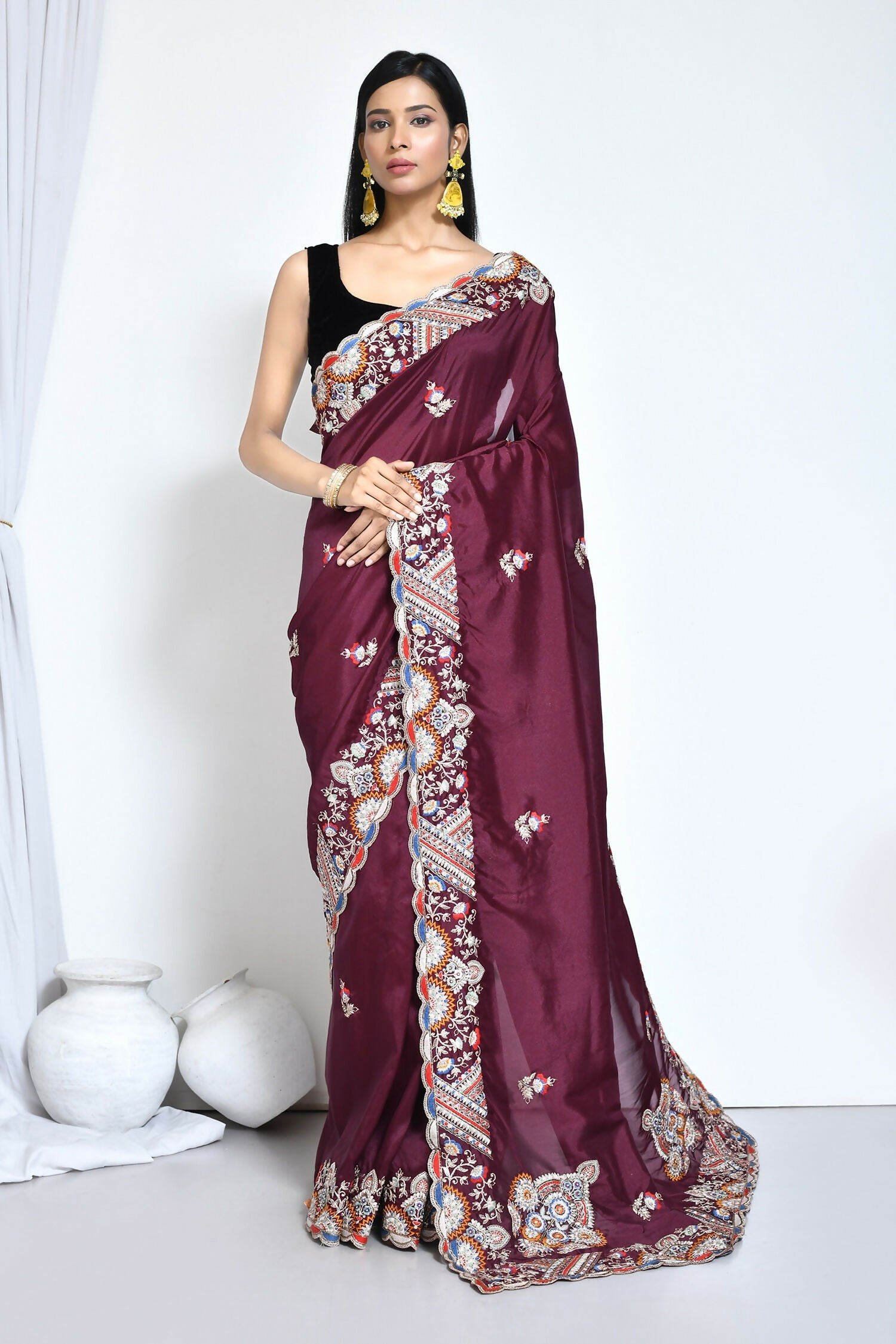 Purple Crepe Silk Sequence Embroidered Saree - Nimaya Benzy | Grocsy