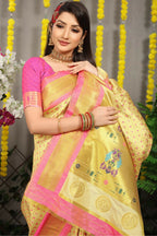 Jyoti Fashion Women's Cream Banarasi Silk Zari Woven Saree with Blouse | Grocsy