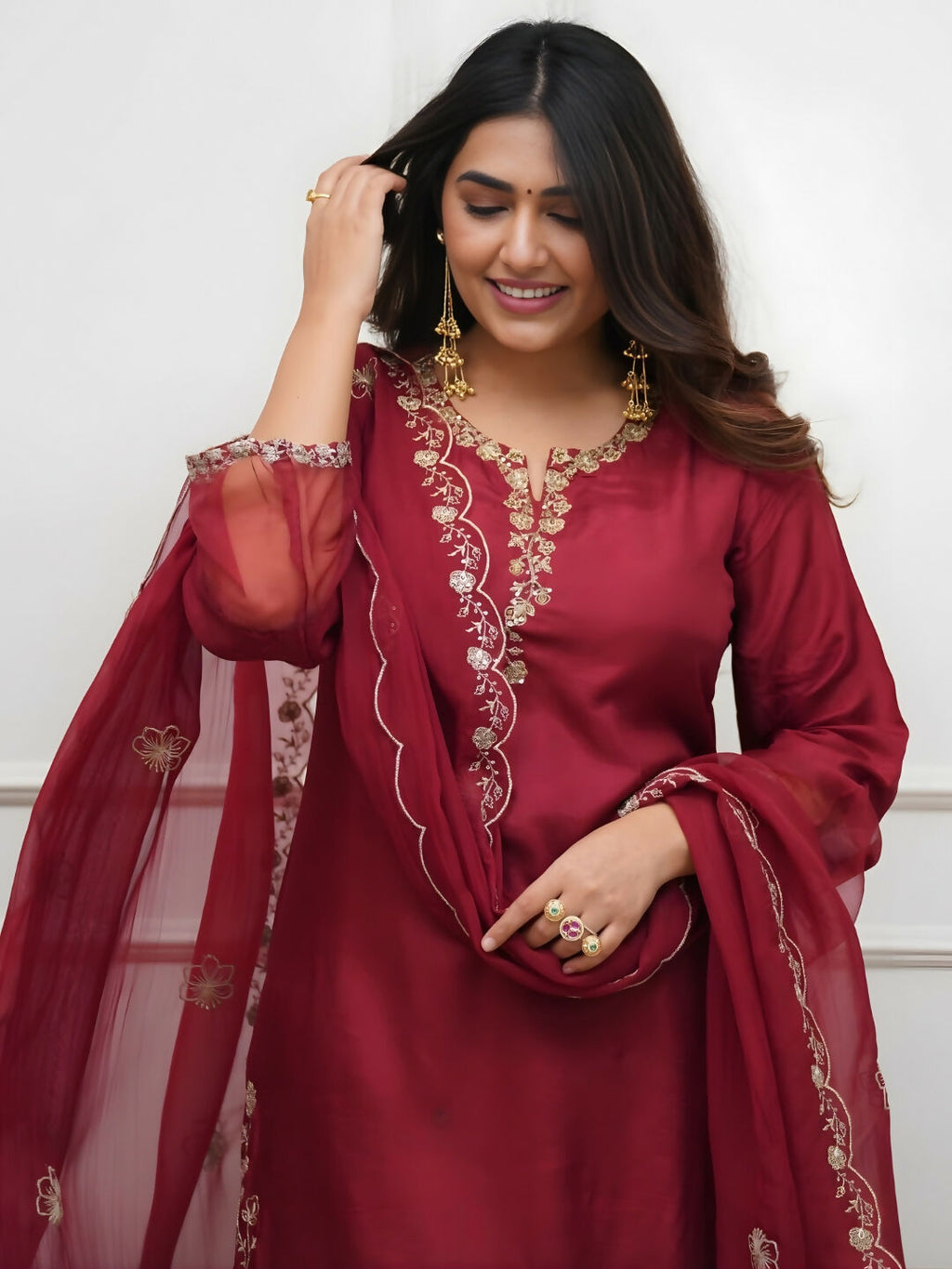 The52 Women's Beautiful Embroidery Work Roman Silk Fabric Straight Kurta Pant and Dupatta Set-Maroon | Grocsy