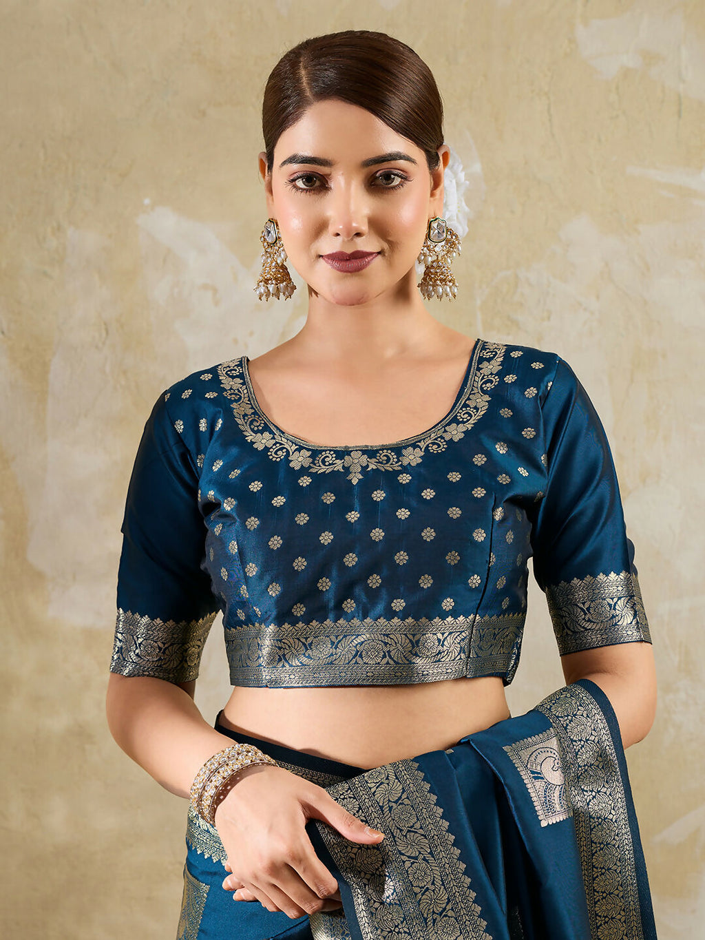 Shree Shyam Fashion Teal Blue Silk Blend Saree | Grocsy