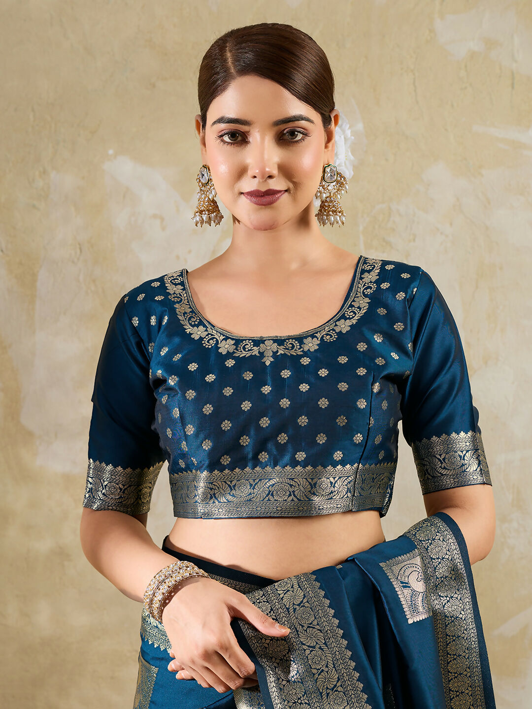 Shree Shyam Fashion Teal Blue Silk Blend Saree | Grocsy