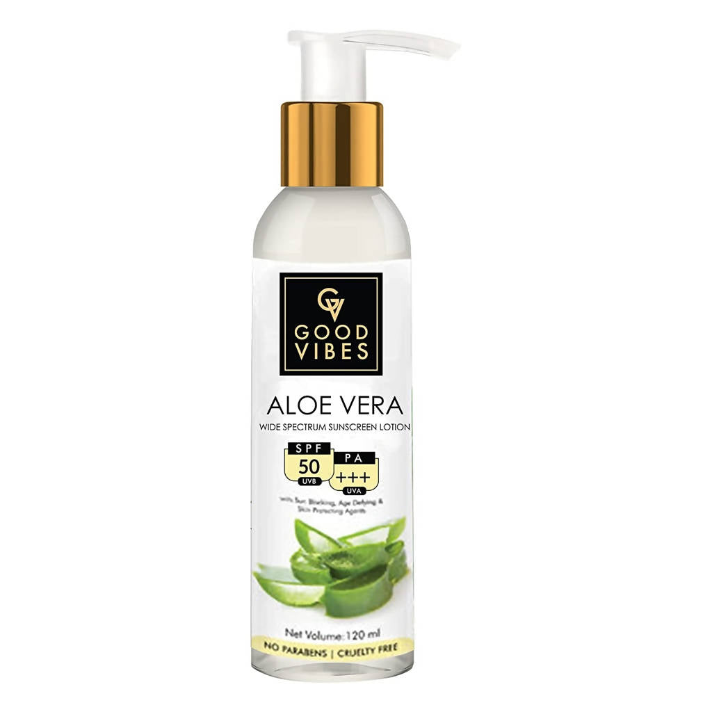 Good Vibes Aloe Vera Wide Spectrum Sunscreen Lotion SPF 50 | Grocsy