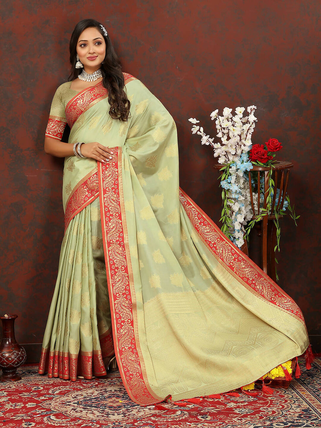 Lorenvalley Fashion Seagreen Cotton Woven Design with Zari Weaving Design Saree | Grocsy