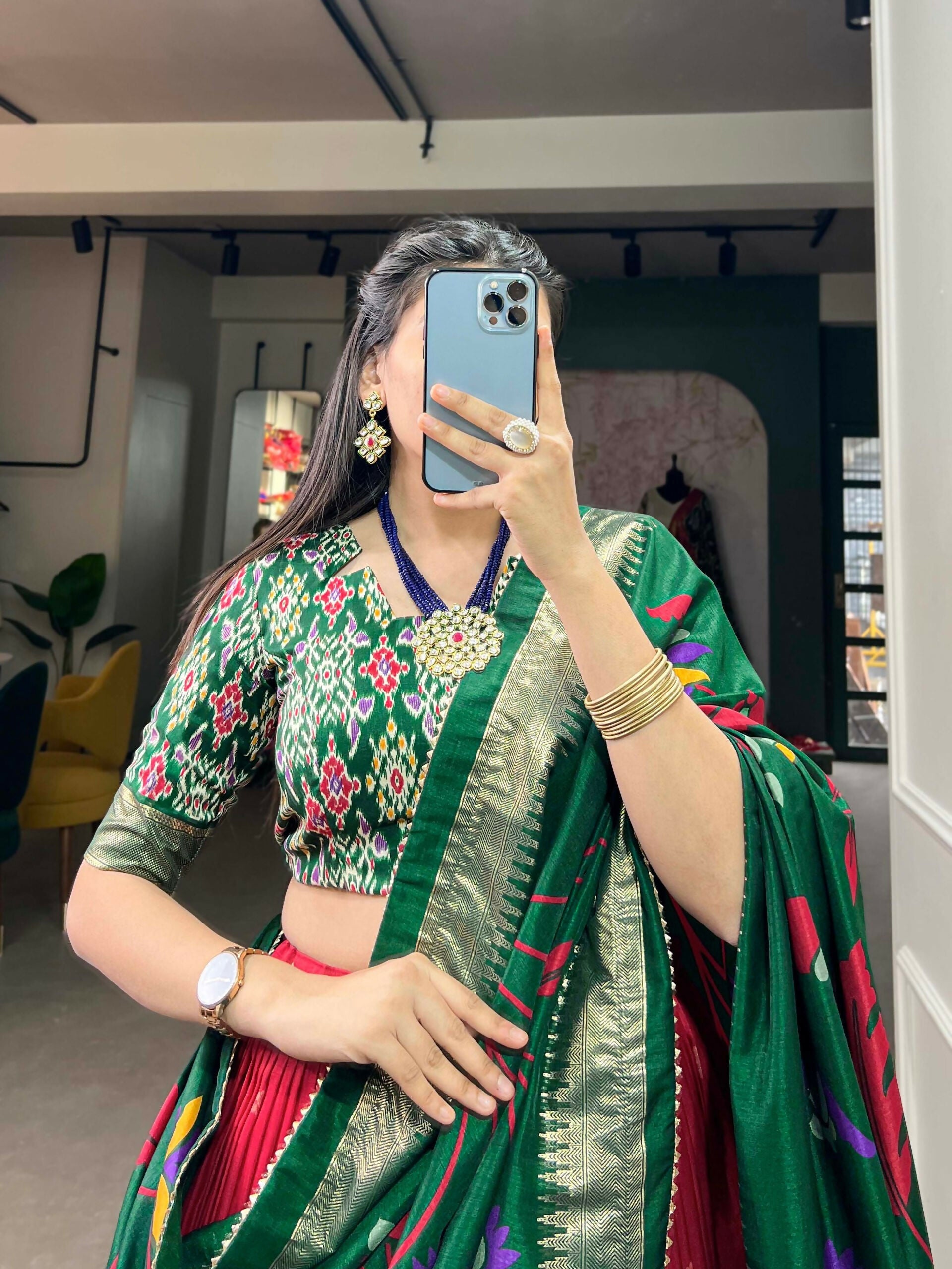 Vastranavya Stunning Look Tussar Silk Printed With Foil Work Indian Lehenga Choli - Red | Grocsy