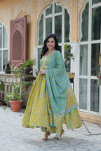 Vastranavya Lime Green Pure Cotton Printed Top with Pant & Dupatta Set | Grocsy