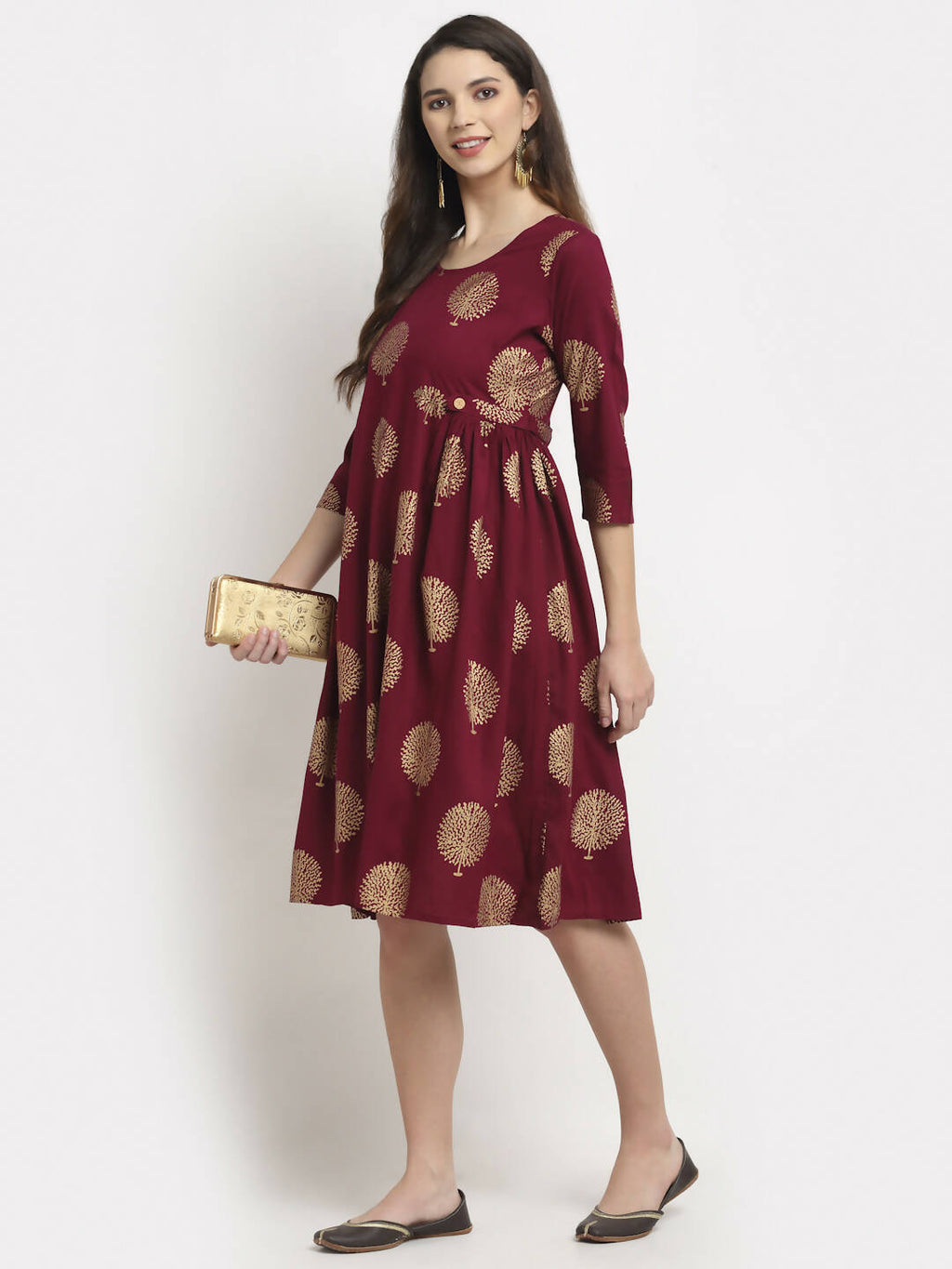 Rudra Bazaar Gold Boota Printed Wine Kurti | Grocsy