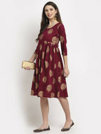 Rudra Bazaar Gold Boota Printed Wine Kurti | Grocsy
