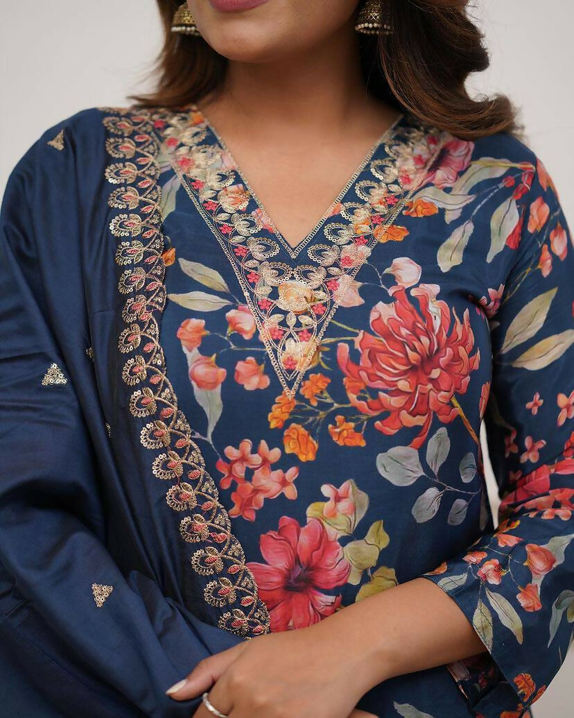 The52 Blue Women's Gorgeous Printed Pure Russian Silk Fabric Straight Kurta Pant with Dupatta Set | Grocsy