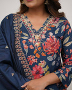 The52 Blue Women's Gorgeous Printed Pure Russian Silk Fabric Straight Kurta Pant with Dupatta Set | Grocsy