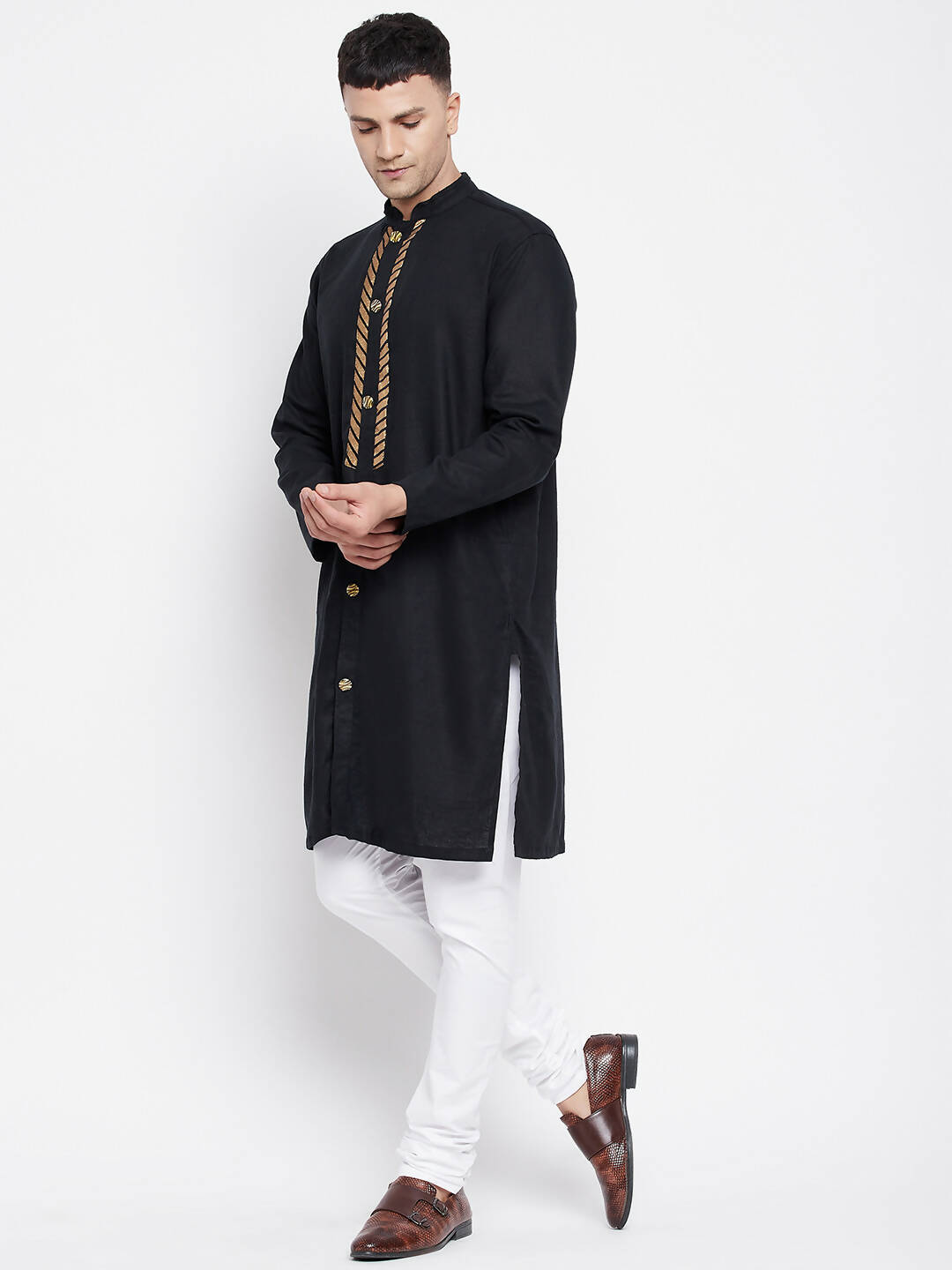 Even Apparels Black Linen Men's Sherwani Kurta With Decorative Placket | Grocsy