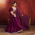 Magenta Crepe Satin Silk Sequence Thread & Stone Work/ Texture Pallu Saree - Mohmanthan Kimiya | Grocsy