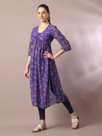 Myshka Women's Purple Printed Georgette A-Line Nyra-cut Kurta | Grocsy