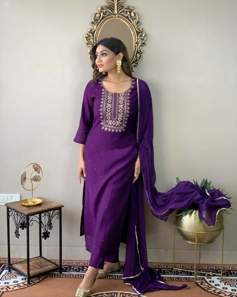 Partywear Designer Wine Rayon Slub Stitched Suit With Dupatta - Tanisha | Grocsy