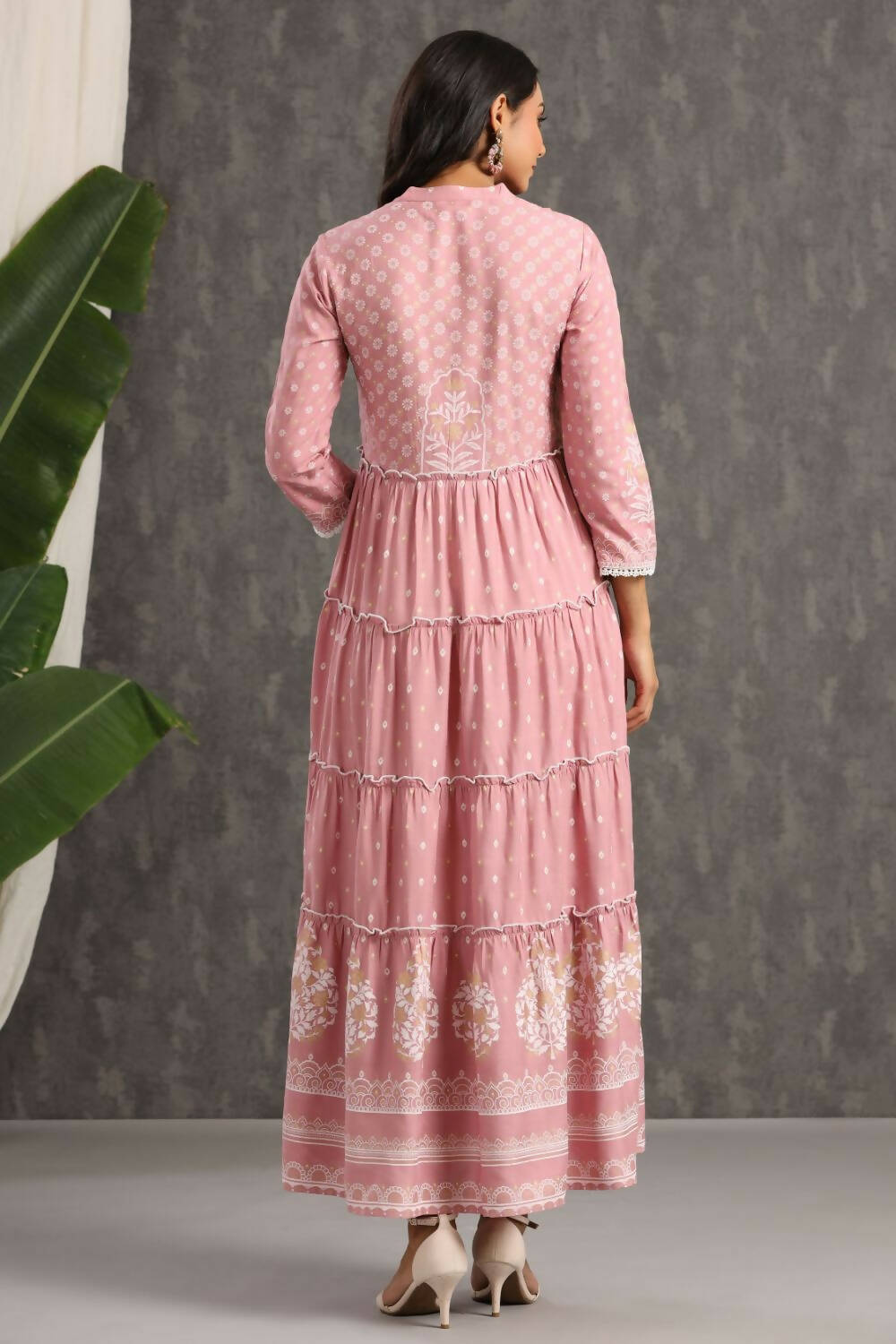Juniper Womens Onion Pink Rayon Foil Printed Tiered Dress | Grocsy