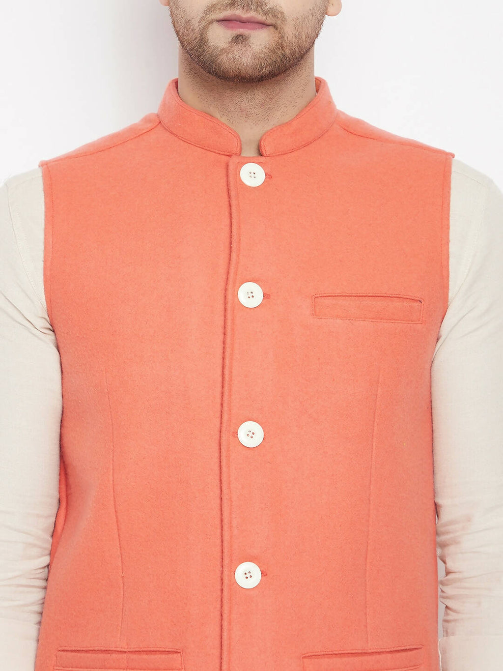 Even Apparels Orange Wool Men Woven Nehru Jacket | Grocsy