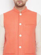Even Apparels Orange Wool Men Woven Nehru Jacket | Grocsy