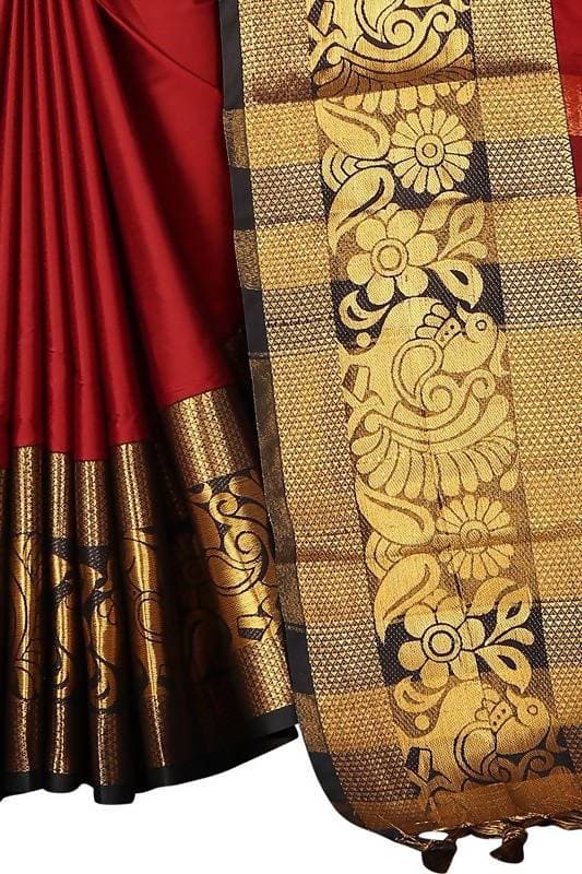 Vamika Banarasi Cotton Silk Weaving Red Saree (DOCTOR MOR RED) | Grocsy