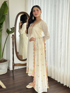 Cream Viscose chanderi Stitched Suit With Dupatta - Tanisha | Grocsy