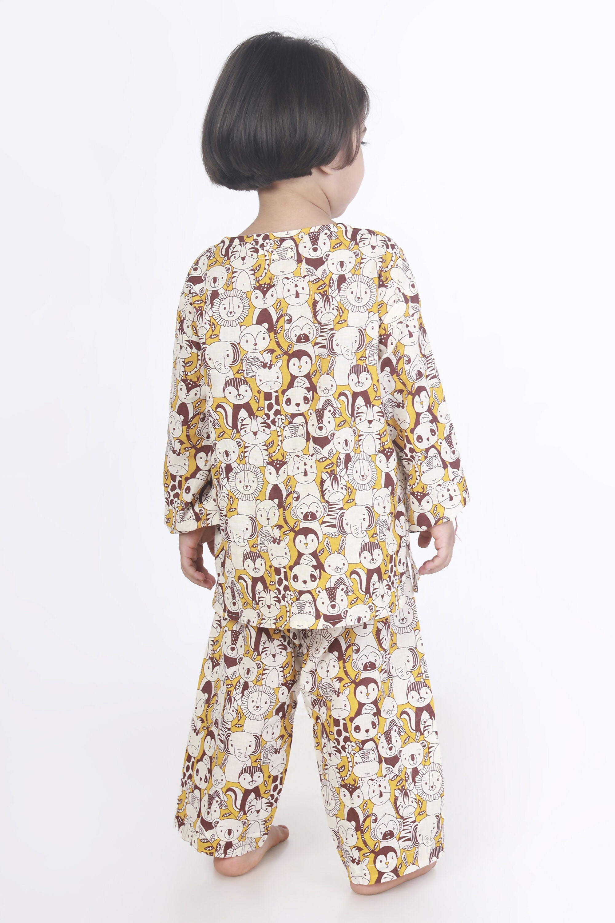 Breathables Sunny Yellow Animal Print Cotton Night Suit For Kids | Grocsy