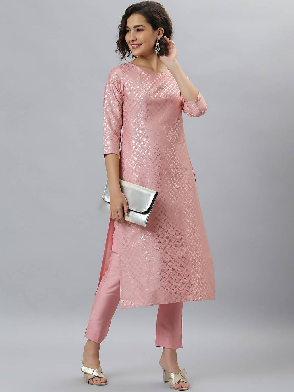 Janasya Women Mauve Woven Design Kurta with Trousers | Grocsy