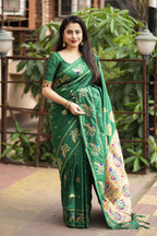 Green Pure Silk Woven Design Saree with Unstitched Blouse - Hiral Fashion | Grocsy