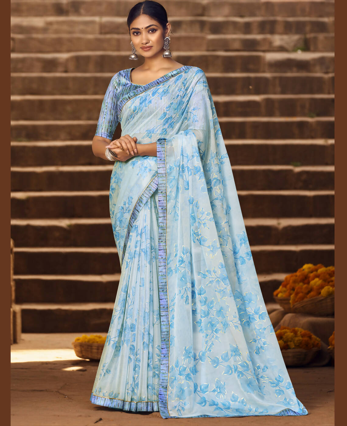 Sky Blue Silver Chiffon Printed Saree With Unstitched Blouse Piece - Jyoti | Grocsy