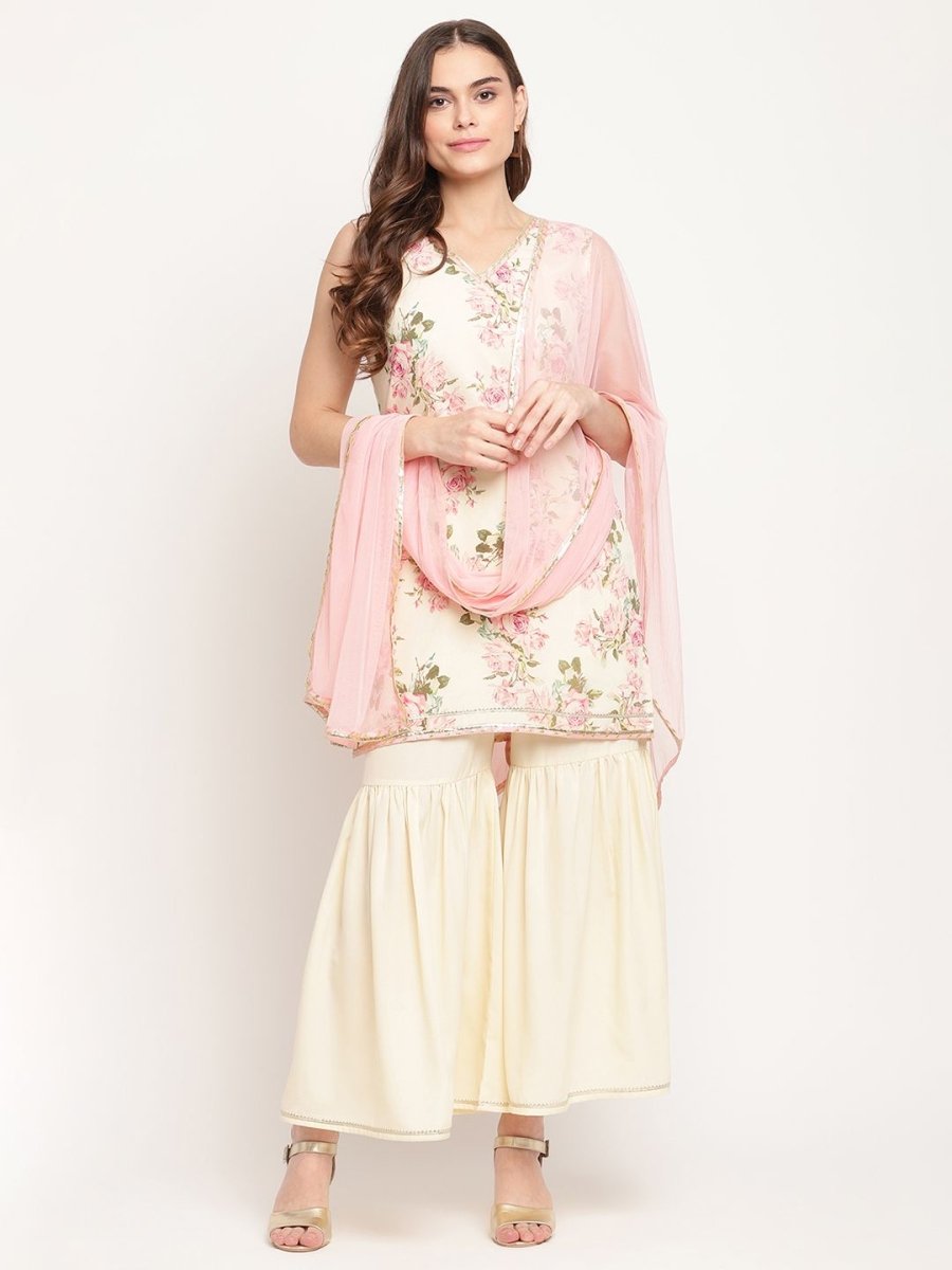 Ahalyaa Women's Beige Crepe Digital Floral Print Kurta Sharara Set with Dupatta | Grocsy