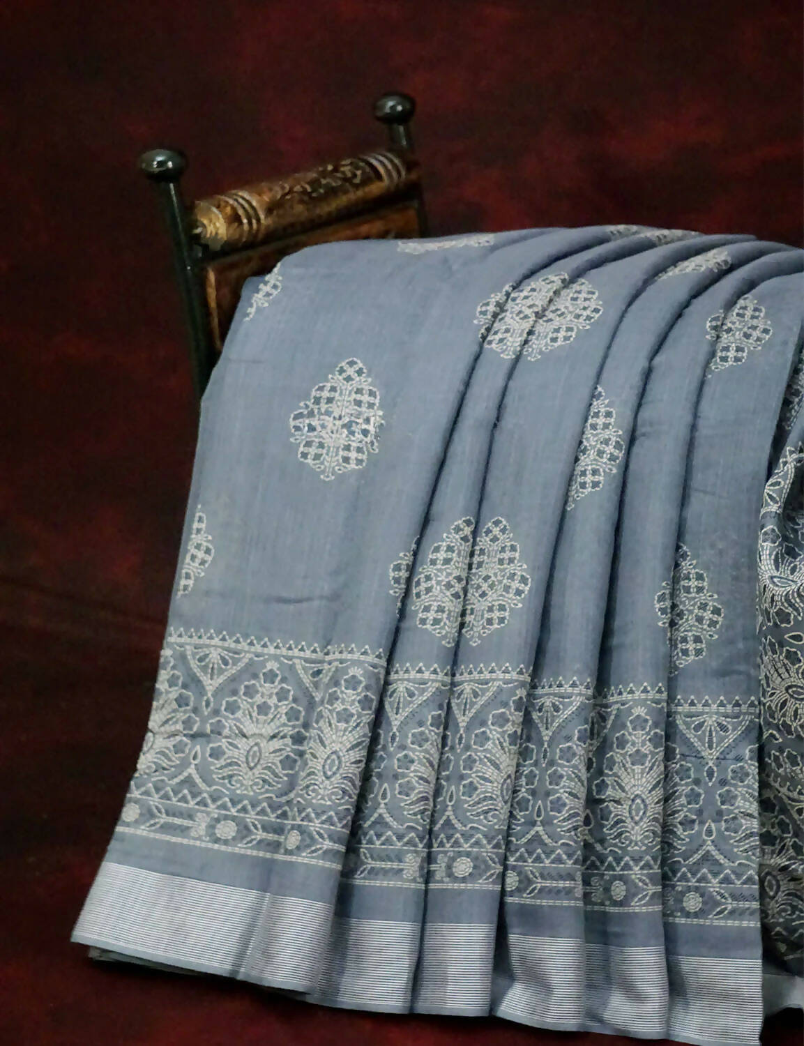 Powder Grey Coloured Block Print Semi Chanderi Saree By Gayathri Reddy Designer Studio | Grocsy