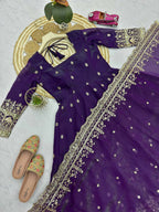 Teeya Creation Deep Purple Embroidered Anarkali Suit Set With Dupatta | Grocsy