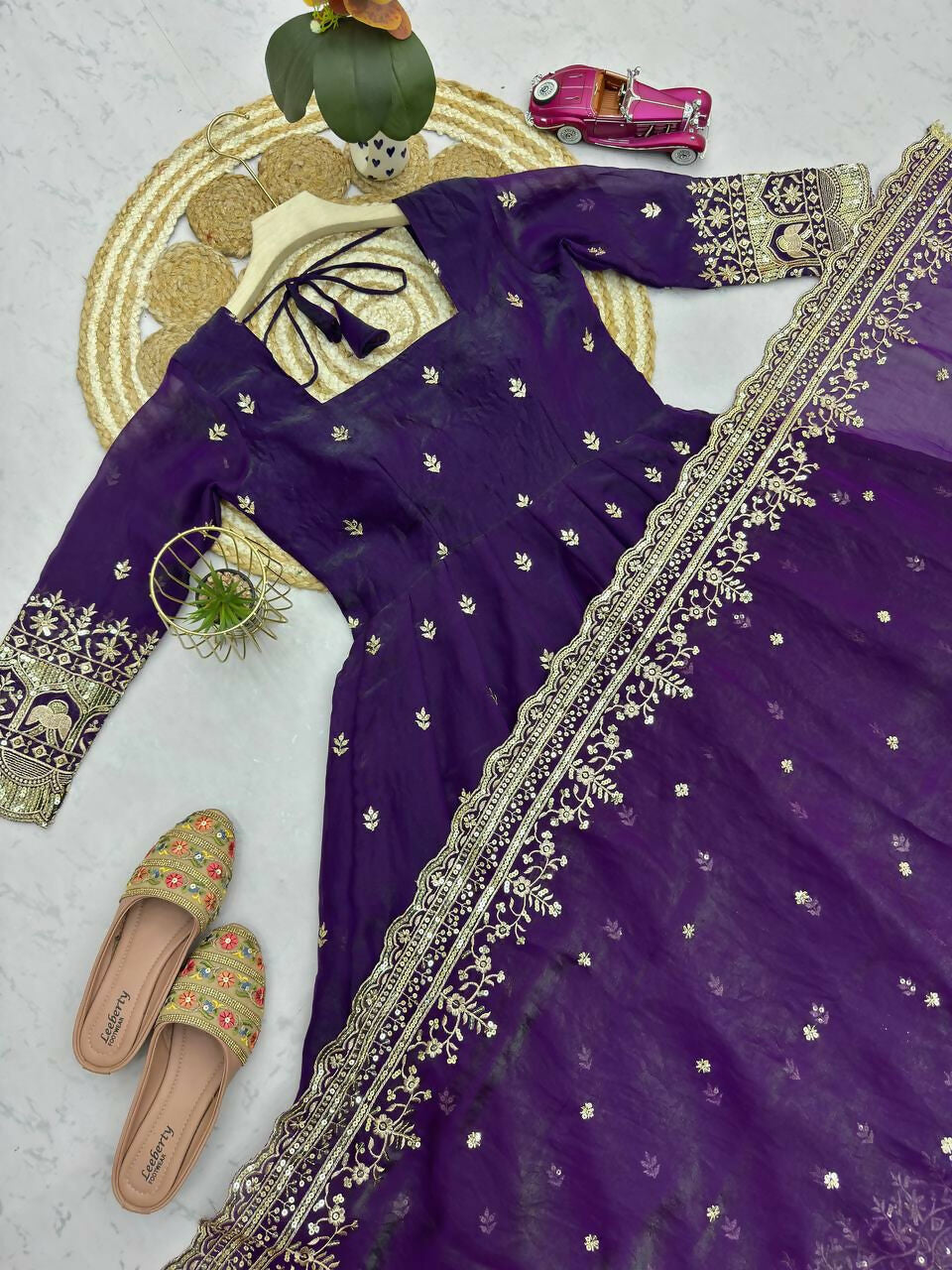 Teeya Creation Deep Purple Embroidered Anarkali Suit Set With Dupatta | Grocsy