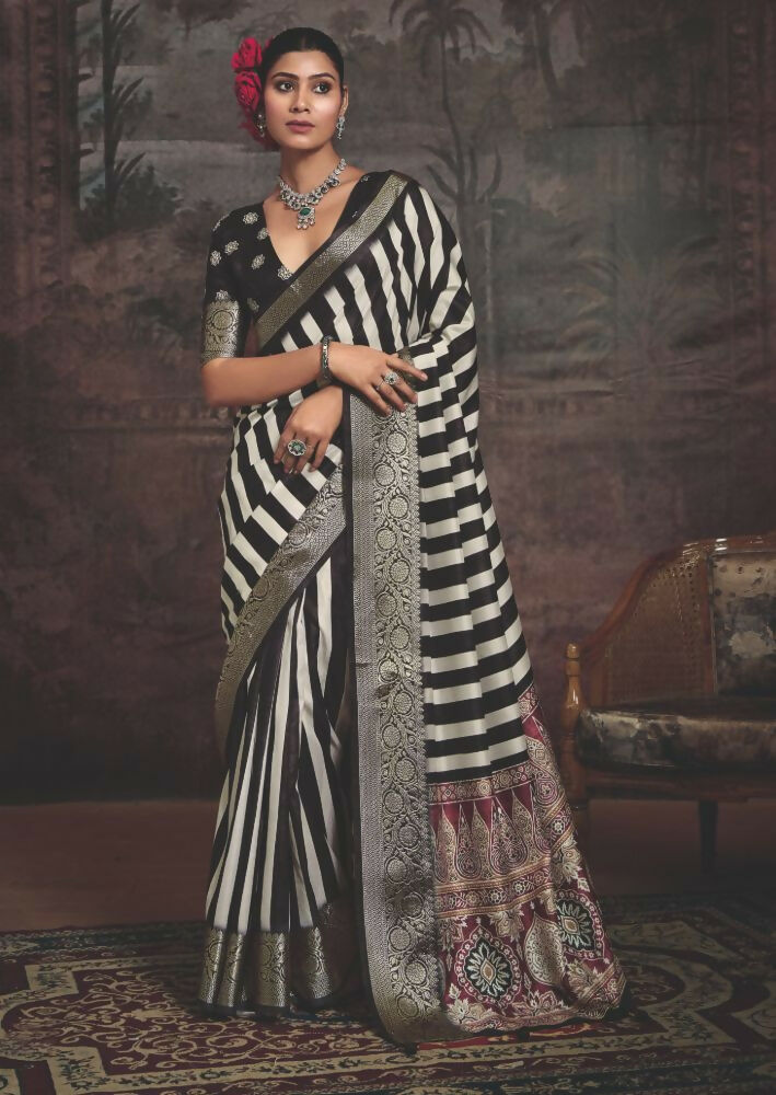 Joban Fashion Black Dola Tussar Silk Self Jacquard Border Saree | Grocsy