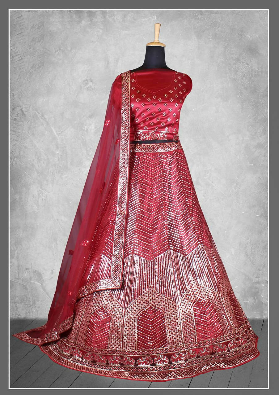 Red Satin Silk Cord and sequins Floral embroidery Bridal lahenga Choli with Dupatta - Nimaya Pavitra Rista | Grocsy