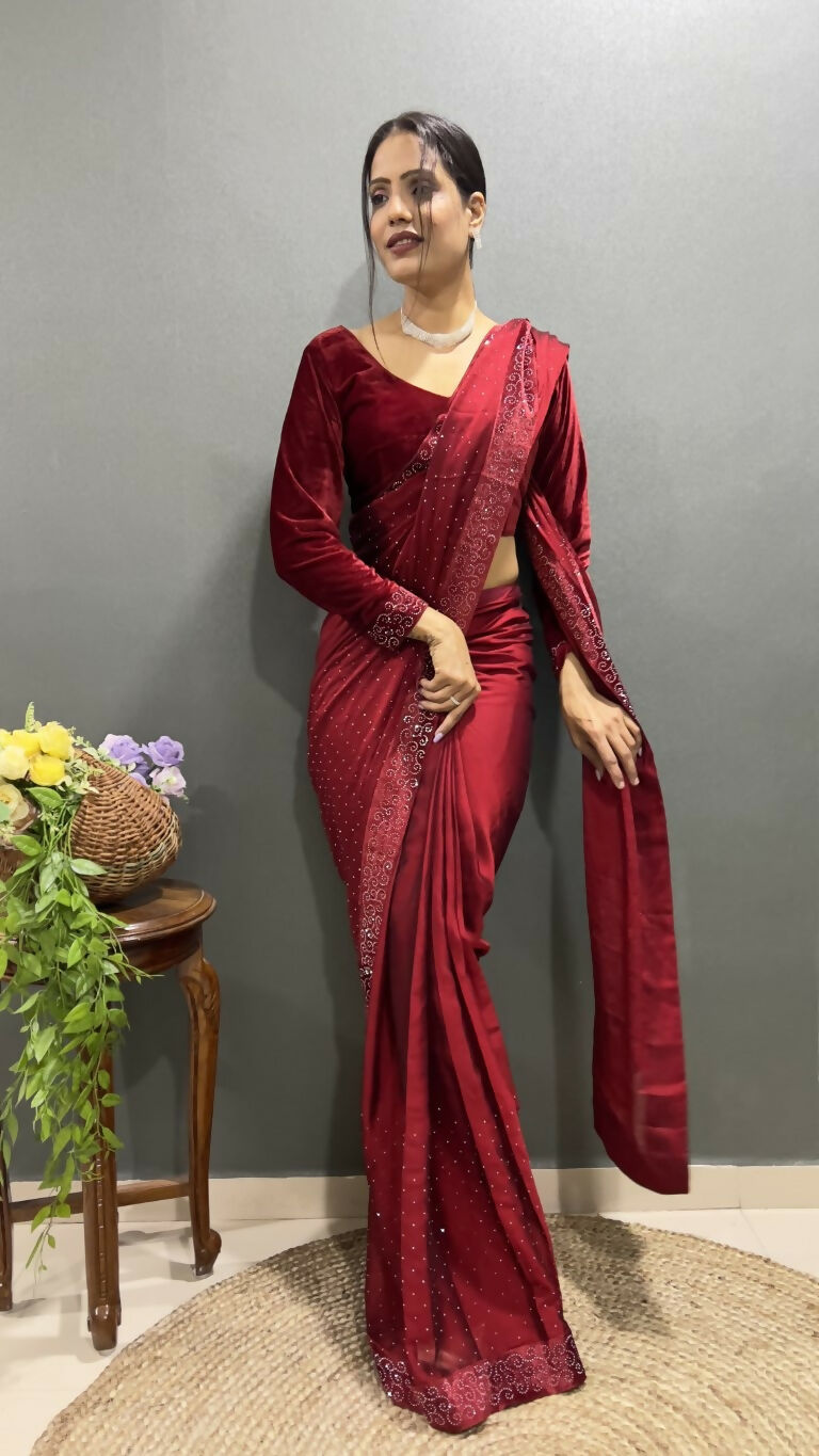 Vastranavya Maroon Rangoli Silk Swarovski work Ready to Wear Saree | Grocsy